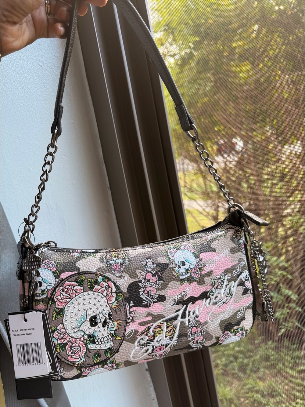 Ed Hardy Pink Camouflage Skull Chain-Accent Shoulder Bag